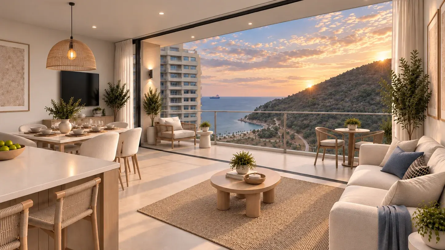 Visualización ilustrativa del apartamento Praia Natura 1012 y su balcón con vista hacia Cabo Tortuga, basada en fotografías reales de obra.