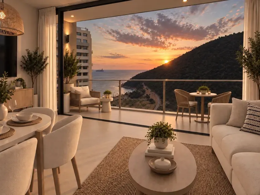 Visualización ilustrativa de la sala del 1012 y su balcón al atardecer