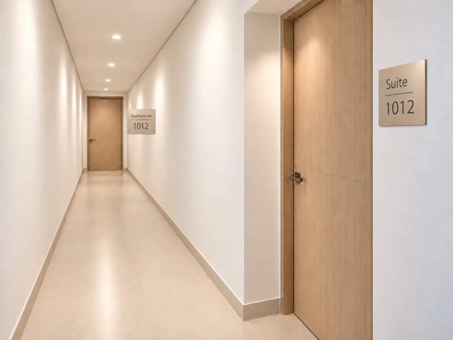 Visualización ilustrativa del pasillo del apartamento 1012 con los dos accesos; ubicación y señalización referenciales