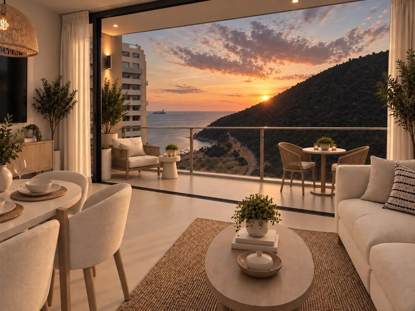 Visualización ilustrativa del paisaje de mar y montaña desde el apartamento 1012, Torre 2, Praia Natura.