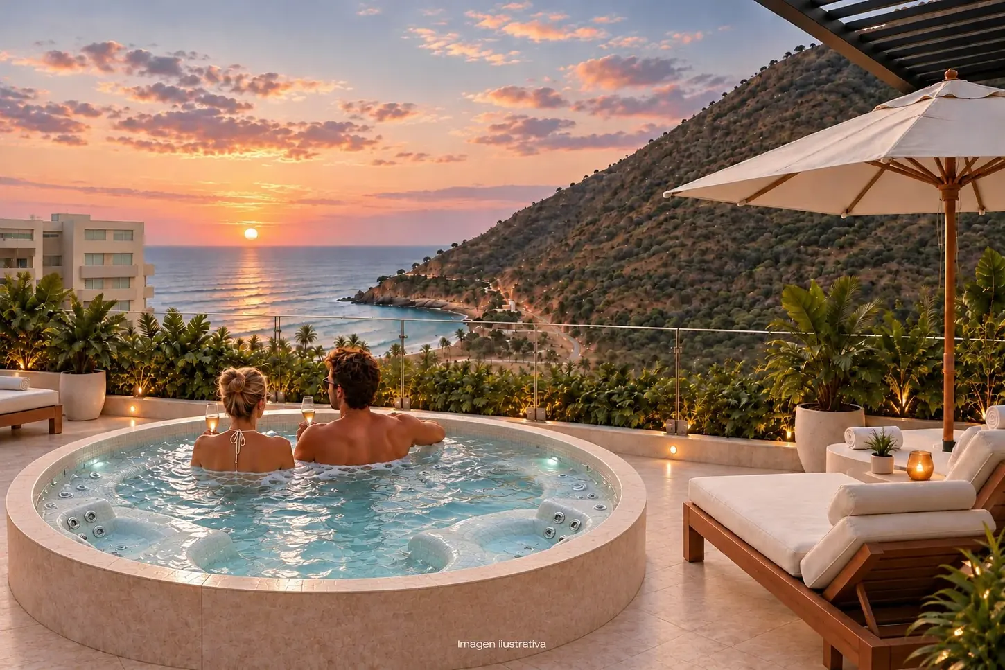 Visualización ilustrativa de jacuzzis con paisaje de Cabo Tortuga, Torre 2