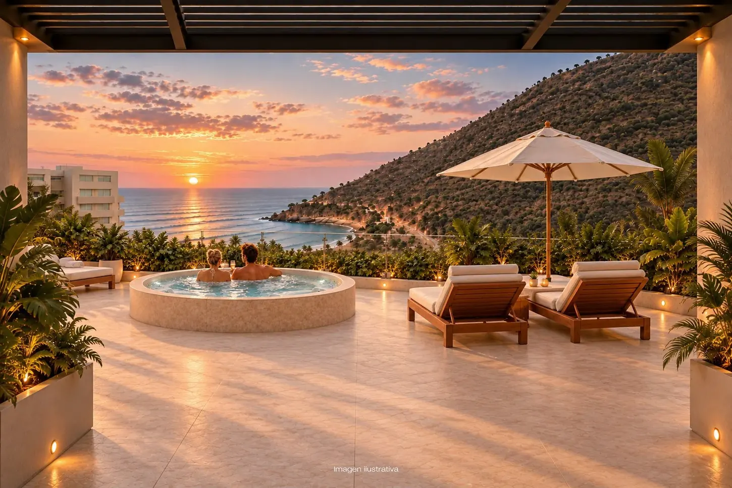 Visualización ilustrativa de terraza de descanso con jacuzzis y asoleadoras en el altillo de Torre 2