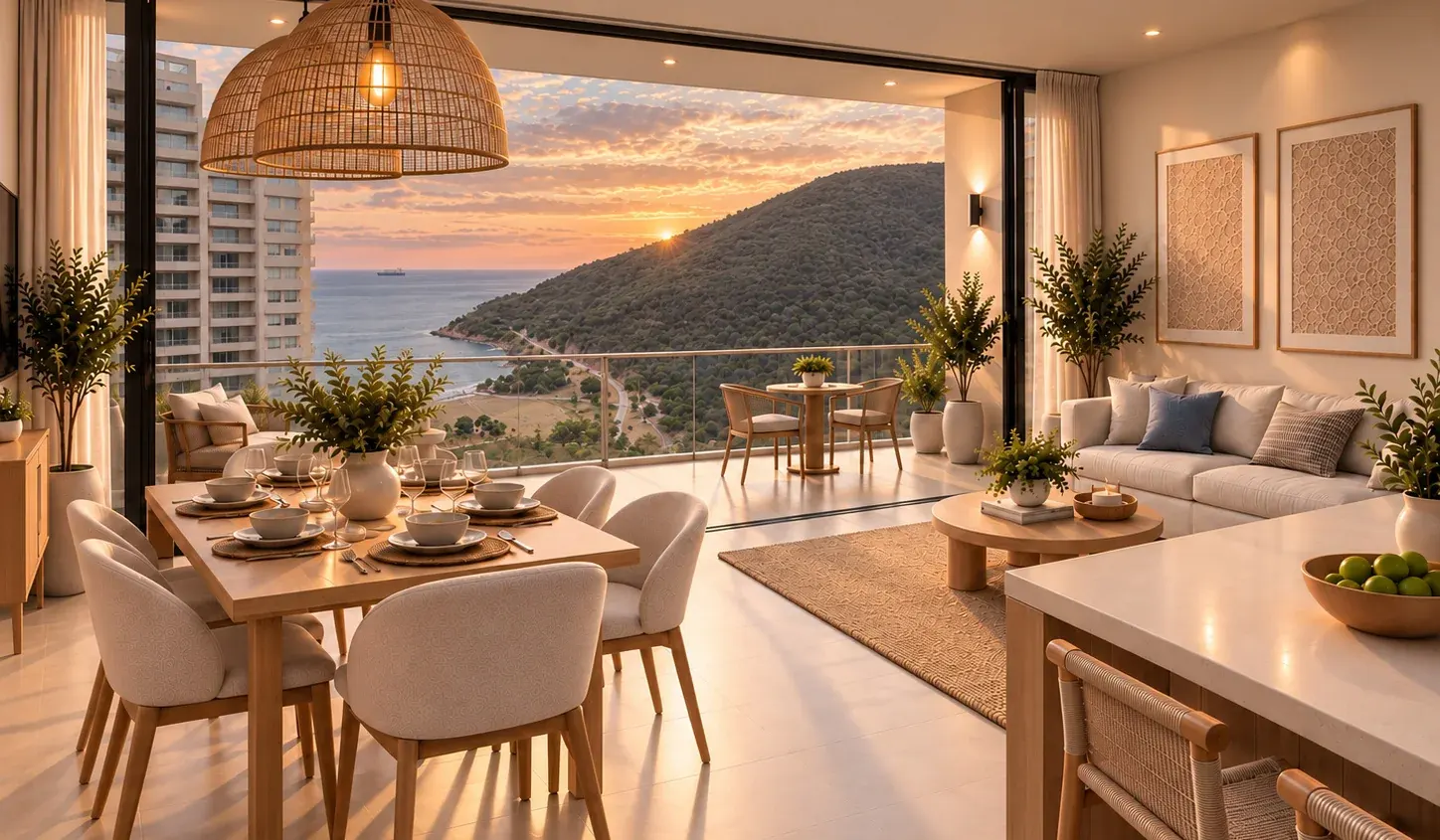 Visualización ilustrativa de la zona social, balcón, mar y Cabo Tortuga desde el apartamento Praia Natura 1012, basada en fotografías tomadas durante la construcción