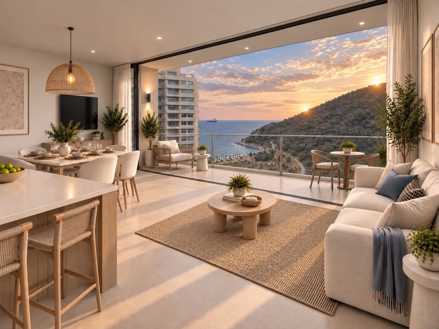 Visualización ilustrativa de la zona social del apartamento 1012 y vista al Caribe