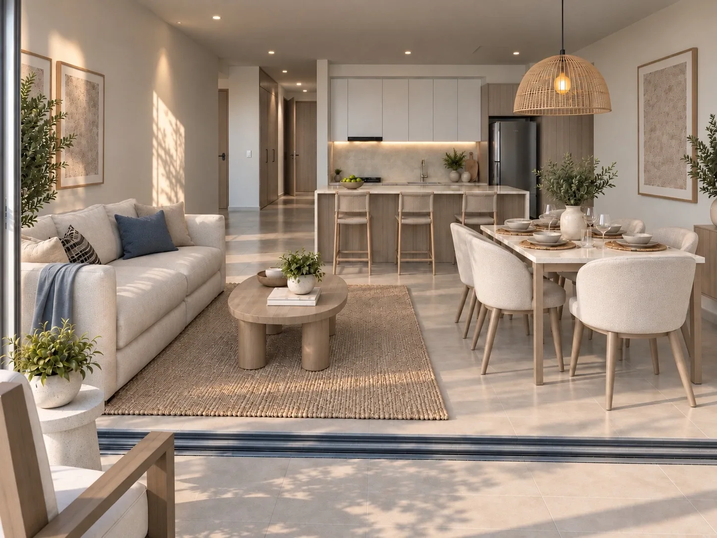 Visualización ilustrativa de la sala, comedor y cocina integrada en Praia Natura 1012