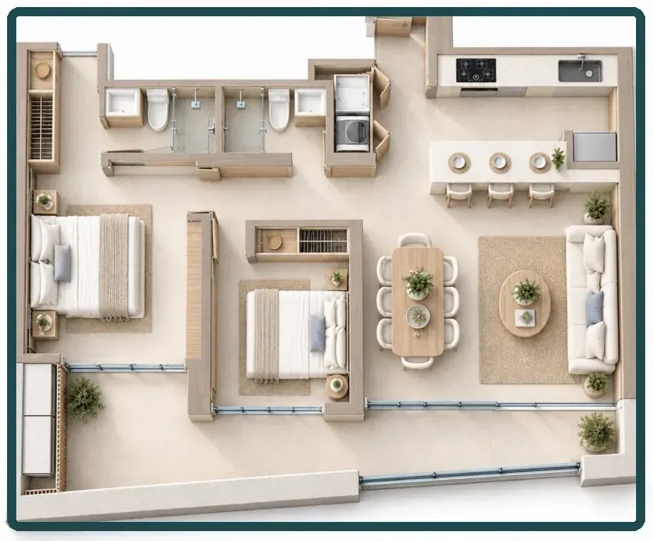 01 · Apartamento completo El 1012 como un solo hogar con cocina, sala, dos habitaciones y balcón.