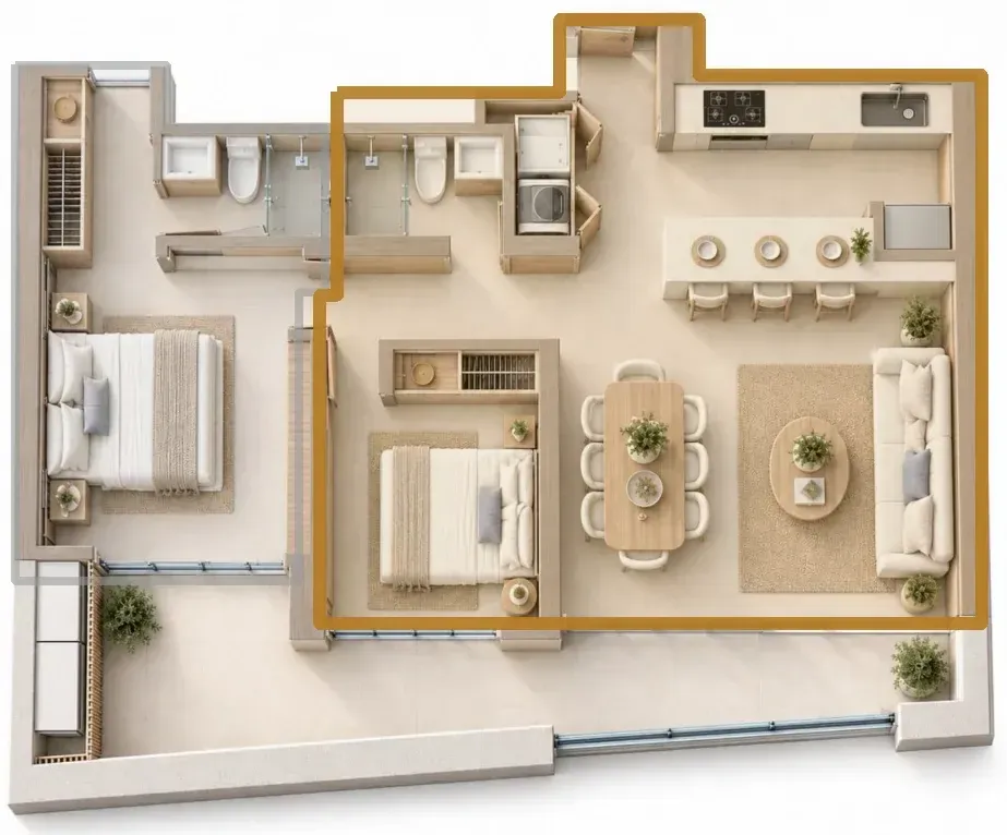 02 · Uso mixto · hogar + suite Usa el sector principal y recibe o aloja invitados en la suite con acceso propio.